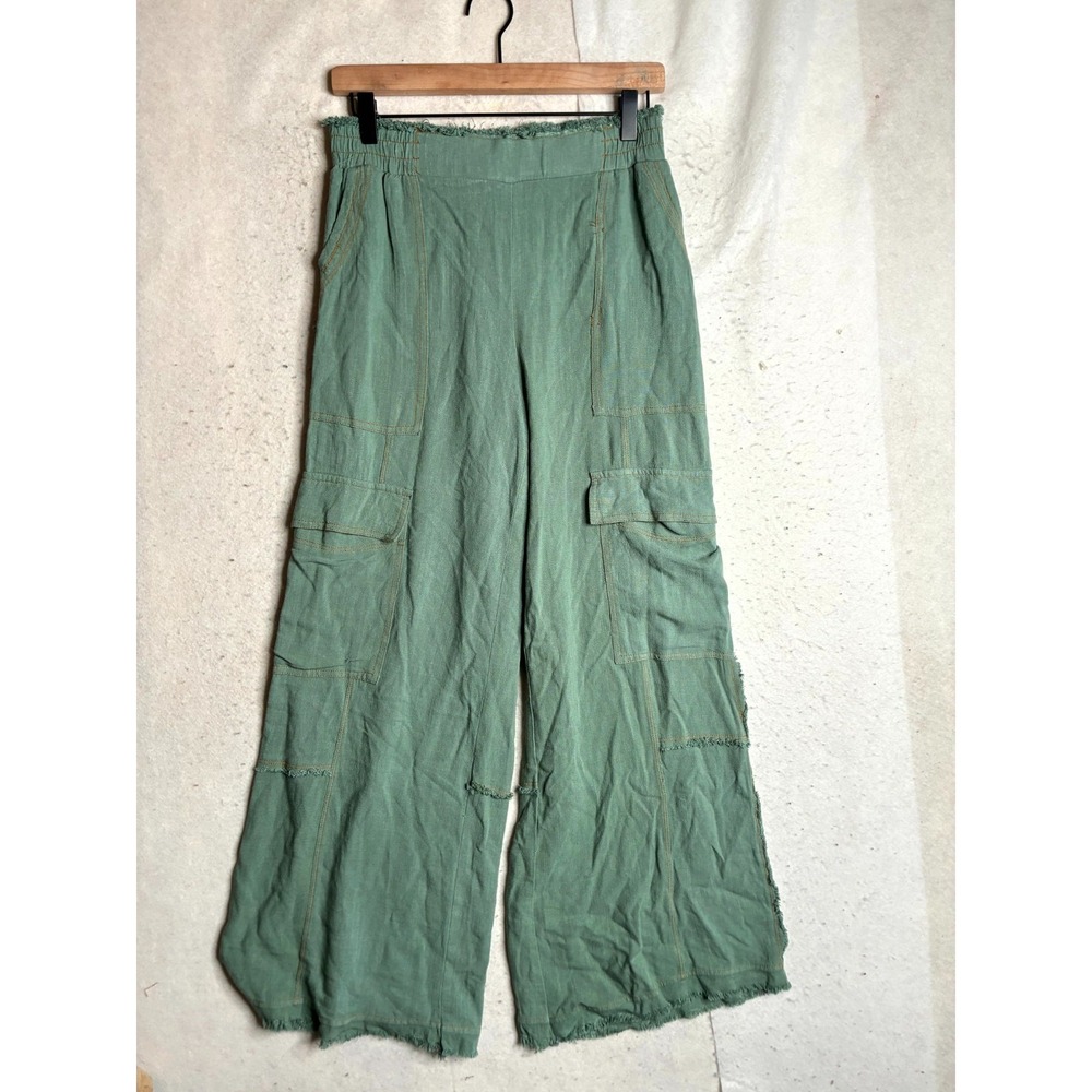 Umgee Linen Blend Cargo Pants Women Small Green Reg Fit Frayed Hem High Waisted